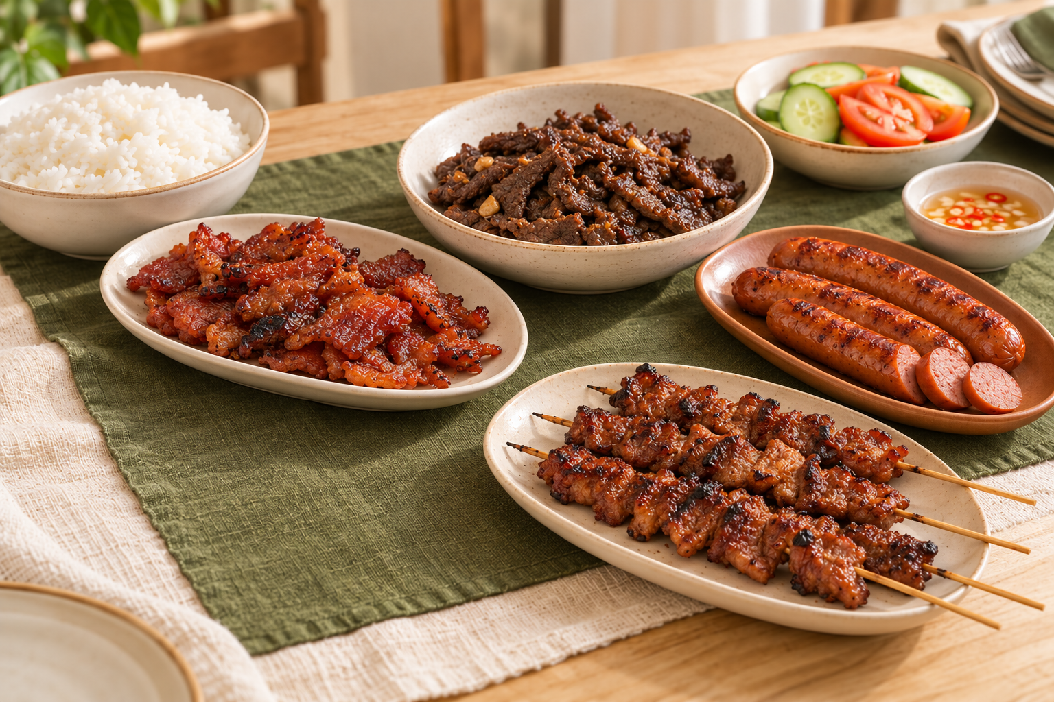 Fiesta-style serving spread with several meat dishes, rice, vegetables and dipping sauce